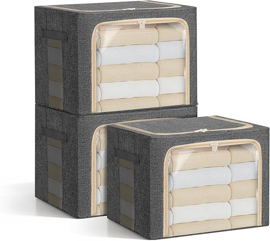 3-Pack Clothes Storage Bags, Foldable Storage Bins with Metal Frame, Clear Window, Reinforced Handles, Durable Non-Woven Fabric for Clothes, Bedding, Blankets, 40L, Dark Gray-NeatNest