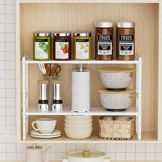 Cabinet Organizer Shelves,Expandable Pantry Counter Shelves,Stackable Under Sink Inside Cabinet Storage Spice Racks for Kitchen Bathroom Home Office,3 Packs,10.24" D,White