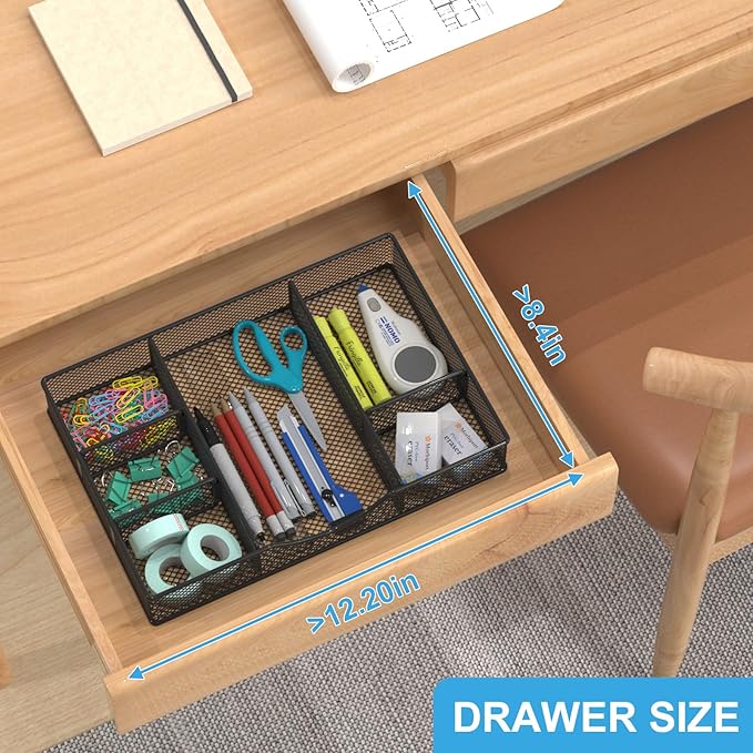 Desk Drawer Organizer Tray, Metal Mesh Drawer Organizers Office, 6 Adjustable Compartment, Desk Organizer Tray for Home Office 12 x 8.26 x 1.96 inch, Black, 1 Pack-NeatNest