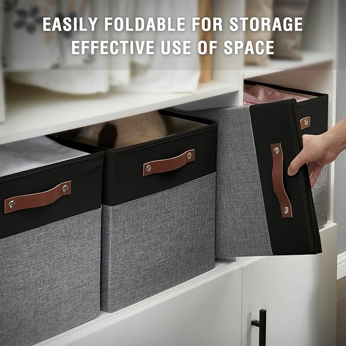 Collapsible Fabric Storage Cube Bins with 2 Reinforced PU Handles, Foldable Storage Organizer Baskets for Closet, Shelves, Living Room | 11"x11"x11", 4 Pack, Black & Gray-NeatNest
