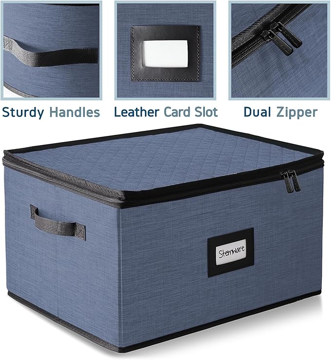 Hearth & Harbor Wine Glass Storage Box with Dividers, Quilted and Stackable Stemware Storage Cases, Service of 12 Glass China Container Hard Shell for Moving and Organization, Blue-NeatNest