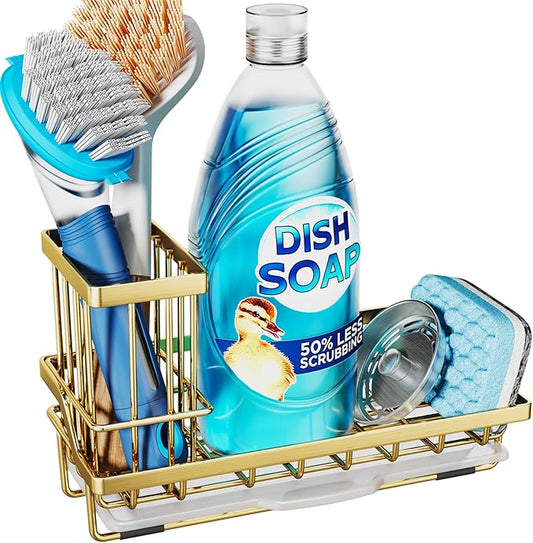 Consumest Sink Caddy, Kitchen Sponge Holder with Dish Brush Holder, Kitchen Sink Organizer with Drip Tray for Countertop, Stainless Steel Rustproof - Gold-NeatNest