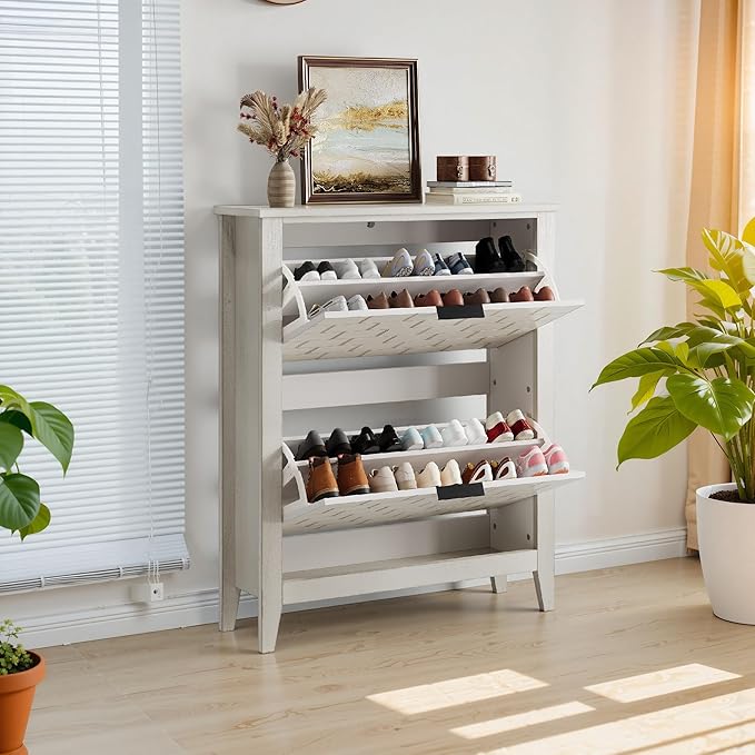 Modern Shoe Cabinet with 2 Flip Drawers, Mid-Century Vintage Shoe Storage Organizer for Entryway Slim, Freestanding Wood Shoe Rack Cabinet for Hallway, Bedroom, Living Room, Retro White-NeatNest