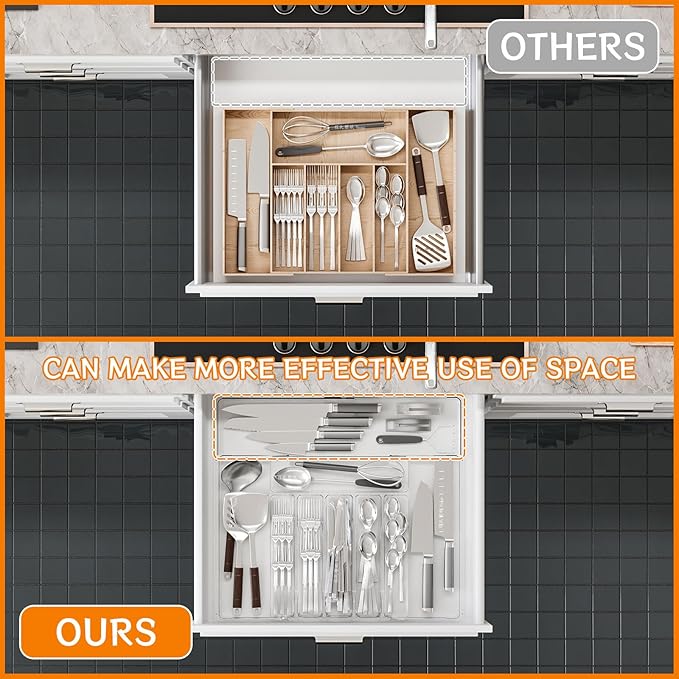 Clear Expandable Silverware Organizers for Kitchen Drawers,Large BPA Free Cutlery Organizer in Drawer,Plastic Utensil Drawer Organizer Suitable as Flatware,Knife,Fork,Spoon,Silverware Holder and Tray-NeatNest