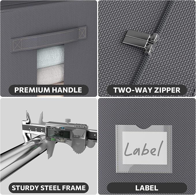 3Pack Stackable Clothes Storage Bins - Oxford Frame Storage Box Foldable Clothing Storage Container Organizer Set with Clear Window & Carry Handles Large Capacity (Dark Gray, Large-66L)-NeatNest