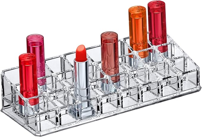 Amazing Abby - Glamour - 24-Slot Acrylic Lipstick Organizer, Lipstick Holder, Lip Gloss Holder, Cosmetic Storage Display, Perfect Storage Solution for Drawer and Vanity (Slot Size: 0.9" x 0.9")-NeatNest