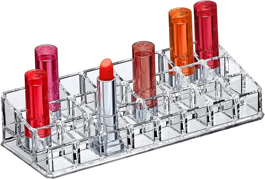 Amazing Abby - Glamour - 24-Slot Acrylic Lipstick Organizer, Lipstick Holder, Lip Gloss Holder, Cosmetic Storage Display, Perfect Storage Solution for Drawer and Vanity (Slot Size: 0.9" x 0.9")-NeatNest