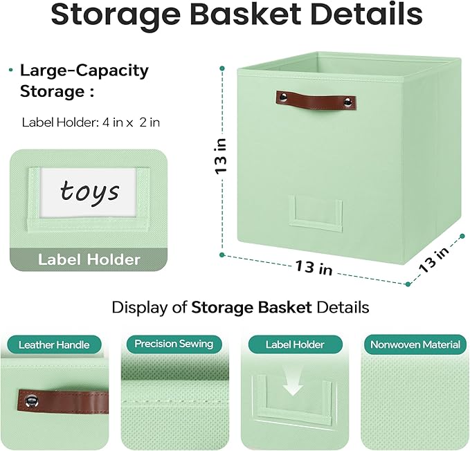 6-Pack Collapsible Fabric Storage Cubes with Handles & Label Holders, Closet Cube Home Organizer Bins (Sage Green, 13 x 13 x 13 inch)