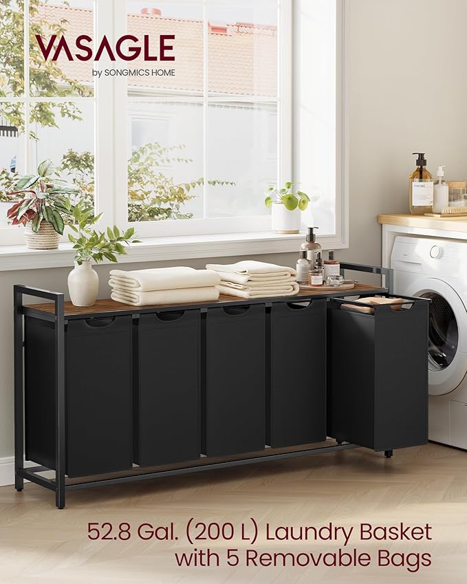 VASAGLE Laundry Hamper, Laundry Basket, Laundry Sorter with 5 Pull-Out and Removable Bags, Shelf, Metal Frame, 5 x 10.6 Gallons (40 L), 56.5 x 13 x 28.4 Inches, Ink Black and Rustic Brown UBLH501B01-NeatNest