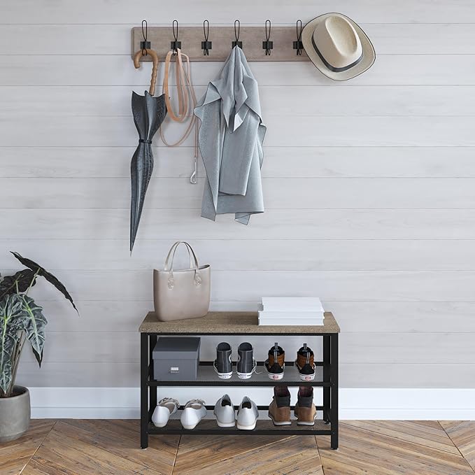 HBCY Creations Weathered Wood Solid Pine Wood 3-Tier Entryway Shoe Rack Bench with Metal Mesh Shelves, for Entryway, Mudroom, or Bedroom, and More!-NeatNest
