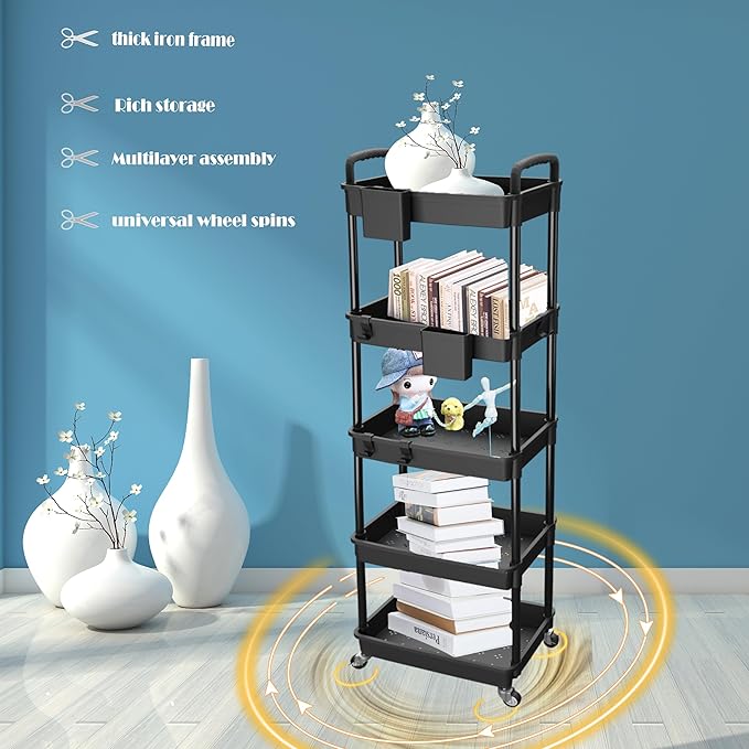5 Tier Rolling Utility Cart with Handle,REBECAT Utility Cart Made of Multifunctional Storage Organizer Tool for Kitchen,Bathroom,Living Room,Office(Black)