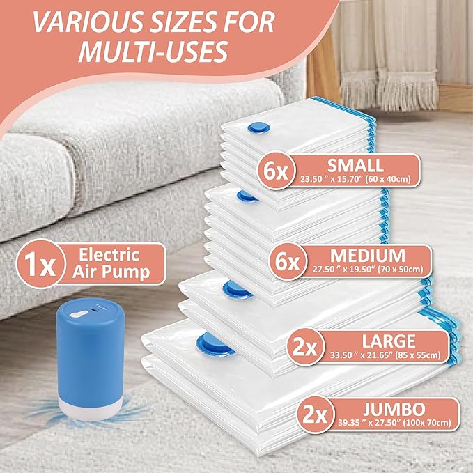 Cozy Essential 16 Pack Vacuum Storage Bags with Electric Pump, Vacuum Seal Space Saver Bags for Clothing, Pillows, Blanket, Bedding, Comforters-NeatNest