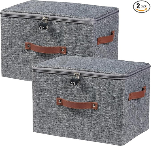 2PCS Storage Bins Boxes with Zipper Lid Combination Lock PU Leather Handles Cotton Linen Fabric Lidded Lockable Baskets Foldable Washable Closet Shelf Organizer Container (Gray, Large)