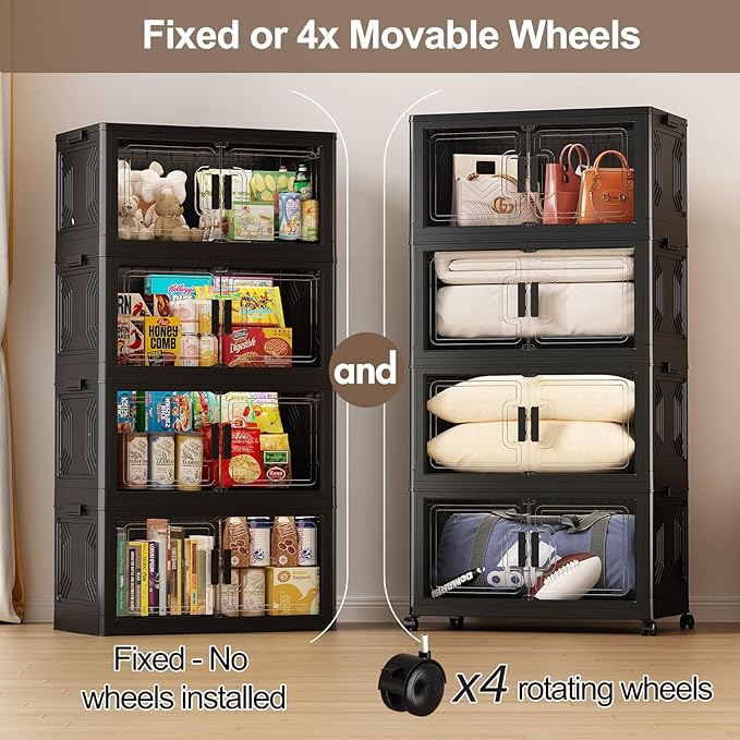120GAL Stackable Storage Bins with Wheels and Lids, Collapsible Closet Organizers and Storage, Home Organization and Storage Cabinet, Plastic Clothes Storage Box Shelf, Black