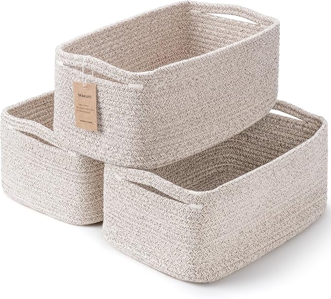 3-Pack Small Storage Baskets for Organizing | Woven Shelf Toy Basket | Rope Baskets for Gifts Empty | Closet Organizer Bins with Handles | Cube Decorative Box | 11.8×7.8×5.1” | Mixed brown-NeatNest
