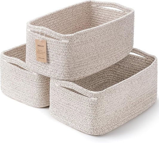 3-Pack Small Storage Baskets for Organizing | Woven Shelf Toy Basket | Rope Baskets for Gifts Empty | Closet Organizer Bins with Handles | Cube Decorative Box | 11.8×7.8×5.1” | Mixed brown-NeatNest