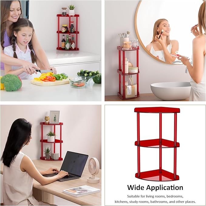 3 Tier Countertop Corner Organizer Shelf 7x7x15.7 Inch, Red Countertop Acrylic Bathroom Corner Shelf, Vanity Storage Organizer for Cosmetics, Toiletries-NeatNest