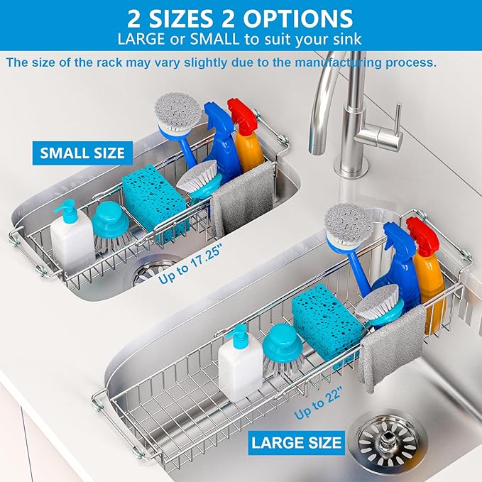 Over The Kitchen Sink Caddy Sponge Holder Organizer Drying Rack Expandable for Sponge Brush Soap Dish Cloth Rag Smaller 12.25" to 17.25", Stainless Steel-NeatNest
