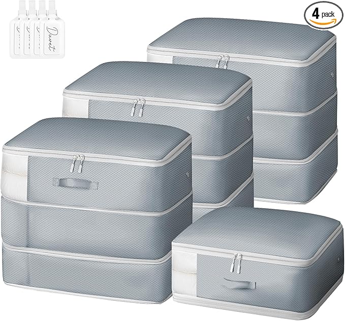 Comforter Storage Bag - Large Capacity Blanket Storage Bags 3-Layer Ultra Space Saving Self Compression Organizer, Washable Compression Bags for Storage Comforter Blanket, 4-Pack, Grey-NeatNest