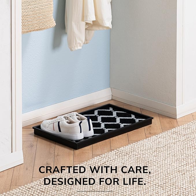 Anji Mountain Heavy Duty Waterproof Rubber Shoe Storage Mat Organizer/Boot Storage Multi Use for Entryway with Coir, Black and Ivory Diamond Insert, Fits 2 Pair (24.5" Wide)
