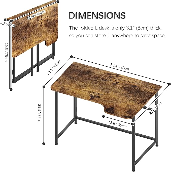 4NM Folding Desk, 35.4 Inch Small Foldable L Desk for Small Spaces, Space Saving Computer Table Writing for Home Office Bedroom, Easy Assembly, Rustic Brown-NeatNest
