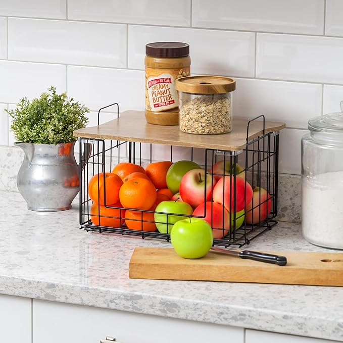 IRIS USA Wire Basket for Pantry Organizers and Storage, 2 Pack, Potato and Onion Storage, Easy Assembly, Stackable Storage Bins, Kitchen Cabinet Bathroom Shelf Organizers for Veggie, Fruit, Snack