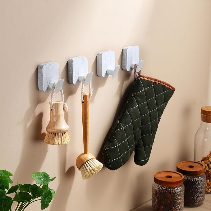 DELITON Wood Wall Hooks, Adhesive Towel Hooks for Hanging Wall Mounted, 4 Packs Coat Robes Hats Command Hook Heavy Duty No Damage, White-NeatNest
