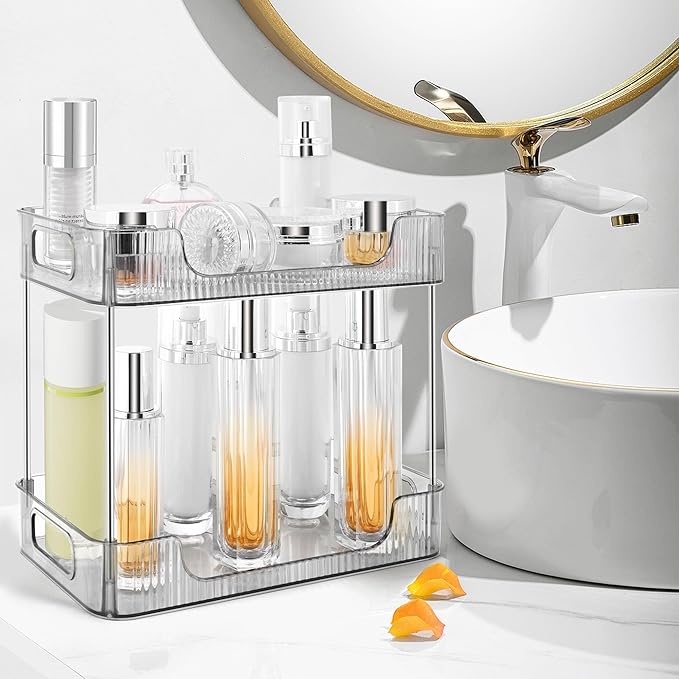 2-Tier Bathroom Counter Organizer Countertop Storage, Dresser Organizer Vanity Tray for Makeup, Perfume Organizer Cosmetics Skincare Shelf - Grey-NeatNest