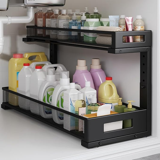 1 Pack 20.47IN Depth Under Sink Storage Organizer, Large 2-Tier Elegant Mesh Pull Out Shelf for Kitchen and Bathroom Cabinet Organization, L-Shaped and Adjustable Height Design-Black-NeatNest
