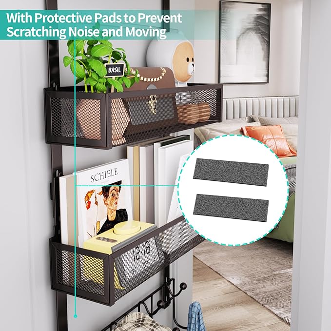 HapiRm Over The Door Hanger with Coat Hooks and 2 Baskets, Rustproof & Waterproof Over The Door Hooks, Storage Organizer for Hats, Bathroom, Kitchen, Bedroom - Bronze