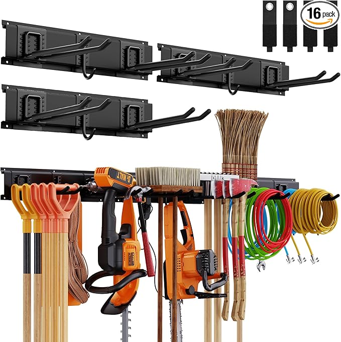 Garage Organzier Wall Mount, 48 Inch Garden Tool Organizer, 16PCS Heavy Duty Garage Storage Organization, Adjustable Tool Storage Rack Hooks, Yard Shed Tool Organizer Hold Max 450 lbs