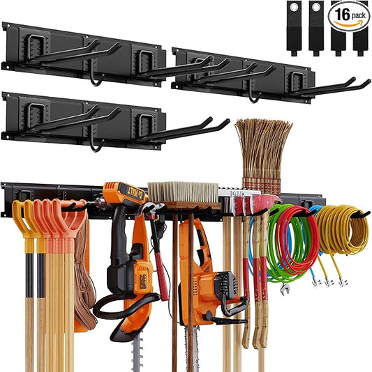 Garage Organzier Wall Mount, 48 Inch Garden Tool Organizer, 16PCS Heavy Duty Garage Storage Organization, Adjustable Tool Storage Rack Hooks, Yard Shed Tool Organizer Hold Max 450 lbs