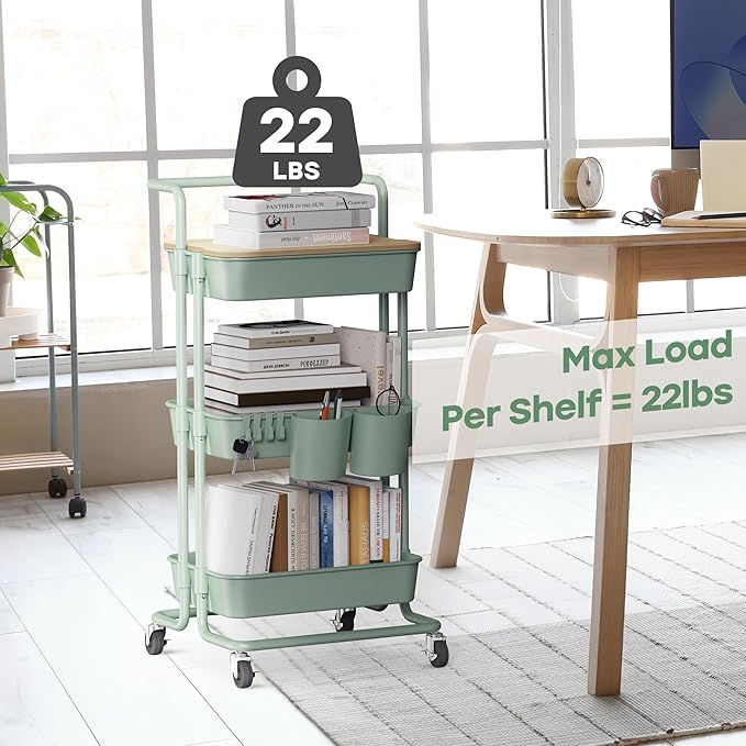 DTK 3 Tier Rolling Utility Cart with Cover Top Board, Movable Kitchen Storage Cart Trolley with Lockable Wheels, Cups, Hooks for Kitchen Bathroom Home Office Art Craft Storage(Turquoise/Green)-NeatNest