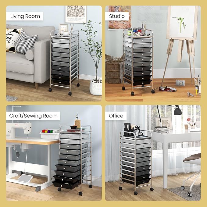 COSTWAY 10-Drawer Rolling Storage Cart, Utility Mobile Trolley with Removable Drawers & Universal Casters & 2 Brakes, Versatile Flexible Drawer Organizer Cart for Home, Office, Mixed Black-NeatNest