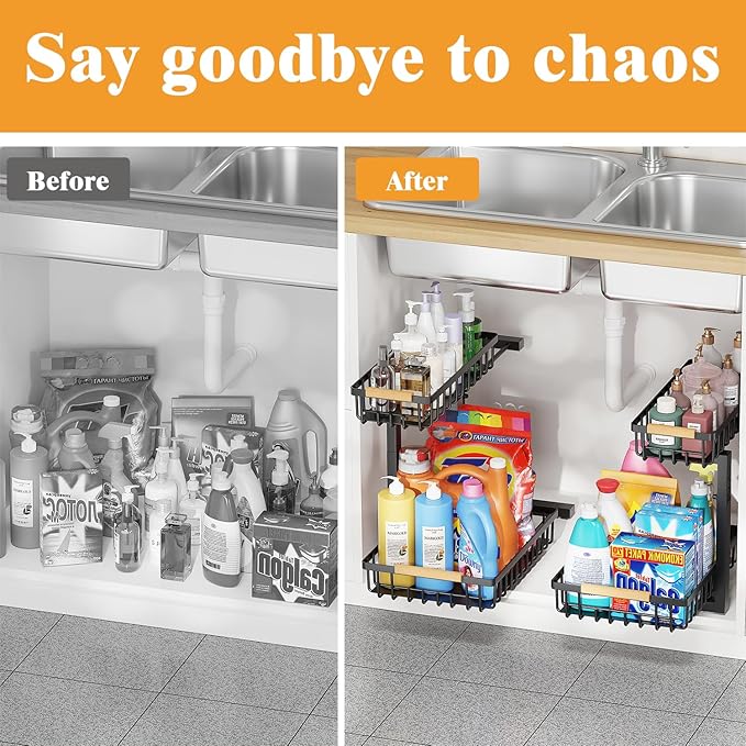 2-Tier Slide Out Under Sink Organizer – 2-Tier Pull-Out Storage Rack, Bathroom organizers and storage for Kitchen and Bathroom, Space-Saving Cabinet Organizer, Rustproof,（Black)(1 Pack)-NeatNest