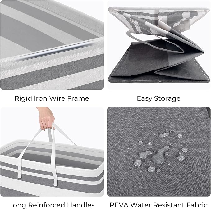 HomeHacks 2 Pack Large Laundry Baskets, Waterproof, Freestanding Laundry Hampers, Collapsible Clothes Hamper with Reinforced Handles in Laundry, College Dorm, Bathroom, Bedroom (Grey+Blue, 100Lx2)-NeatNest