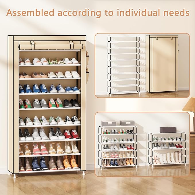 Laiensia 9-Tier Shoe Rack ，Space Saving Shoe Storage Organizer Non-Woven Cover Shoe Shelf Holds 36-45 Pairs for Bedroom, Hallway, Entryway, Beige-NeatNest