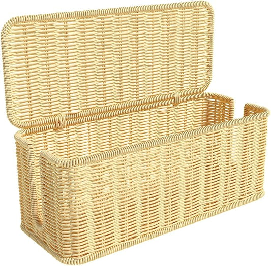 Cable Management Box,Handwoven Imitation Rattan Cord Hider Organizer Box with Lid,2 Open Slots Cable Organizer Box for Tv Computer USB Hub to Hide Power Strips & Cords-13.7" L*6.2" W-Beige