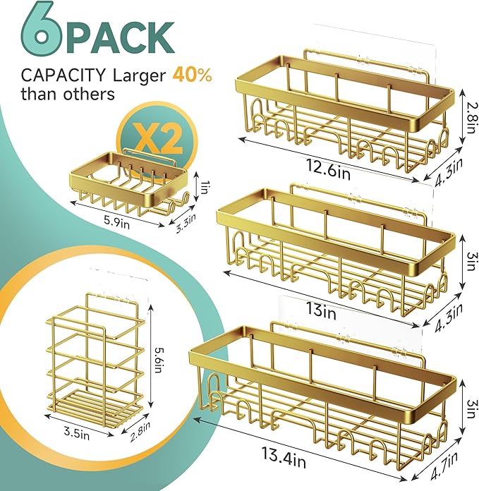 Veken Adhesive Shower Caddy 6-Pack,Gifts for Women Mom,Heavy Weight Bearing,Large Wall Mounted Bathroom Shelves Rack,Organizer Storage Accessories with Soap Dish&Toothbrush Holder,Bright Gold-NeatNest