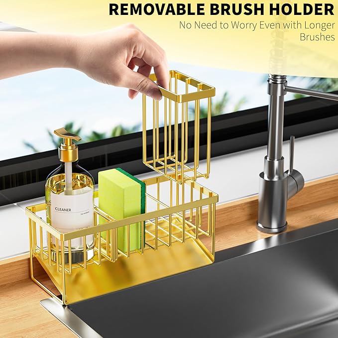 Cisily Gold Kitchen Sink Caddy Organzier with High Brush Holder, Sponge Holder for Sink, 304 Rustproof Stainless, Kitchen Countertop Soap Dispenser Organizer, Home Decor and Accessories-NeatNest