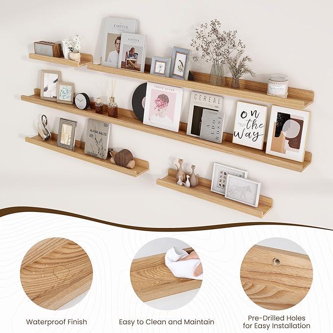 72 Inch Floating Shelves for Wall | Natural Wood Ledge Shelf Set of 2 | Solid Ash Wood Picture Ledge Shelves with Lip | Picture Shelf for Wall with Ledge | Photo Ledge Shelves-NeatNest