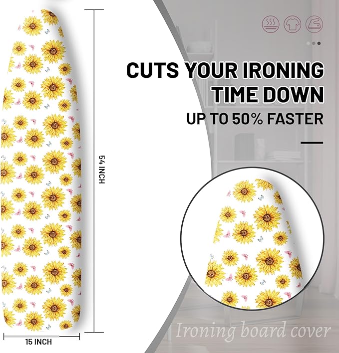 Extra Thick Ironing Board Cover and Pad, Summer Sunflowers 15x54 Ironing Board Cover, Resist Scorching and Staining,Elastic Edges,Farmhouse Spring Summer Yellow Flowers Butterfly