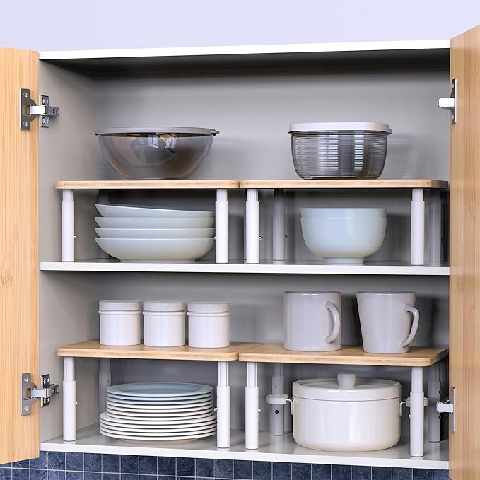 Cabinet Organizer Shelf, Spice Rack Set of 2 Kitchen Pantry Cupboard Shelves, Stackable, Height Adjustable, Natural Bamboo (11.7" Wx77.Dx6.57 H per Pack)-NeatNest