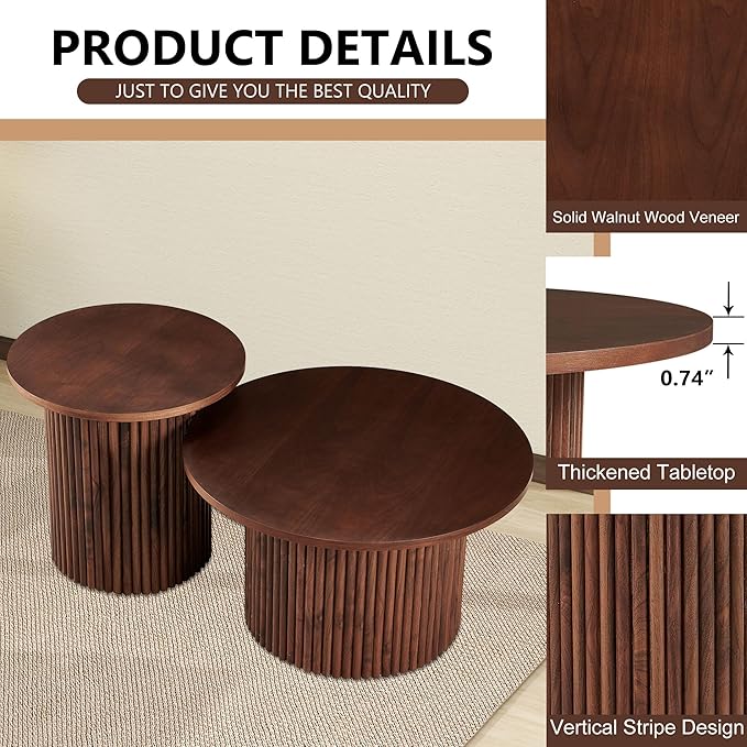 2-Piece Nesting Coffee Side Table Set of 2, Round Nightstand End Table with Fluted Wood Strip Base,Engineered Wood Nesting Tabletop with Solid Walnut Wood Veneer, Elegant Side Table