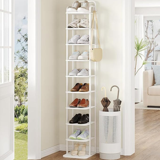 10 Tiers Vertical Shoe Rack, Narrow Shoe Tower, Tall Shoes Shelf with 2 Hooks, Adjustable Shelves, Corner Shoes Shelves for Small Spaces, Entryway, Living Room, White SR11213W-NeatNest