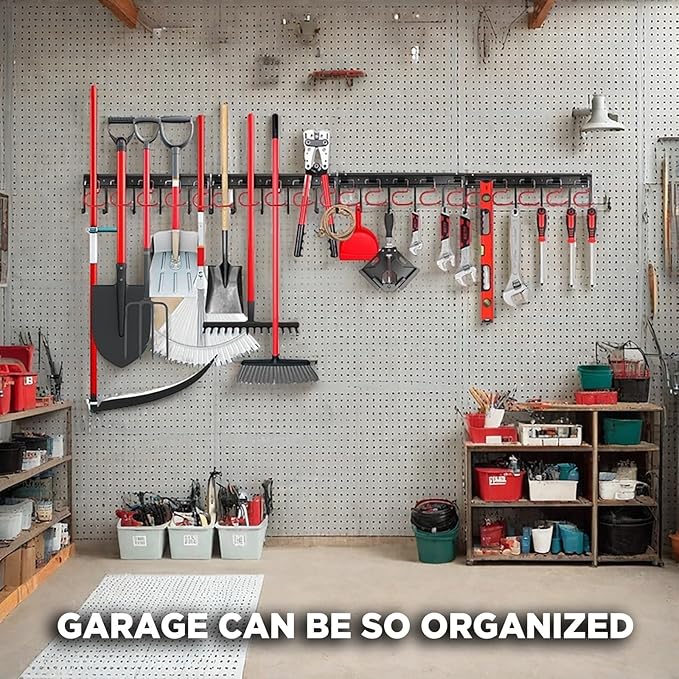 68" All Metal Garden Tool Organizer - Sturdy Garage Wall & Shed Organization System - Hooks for Shovel, Broom, Rake & More