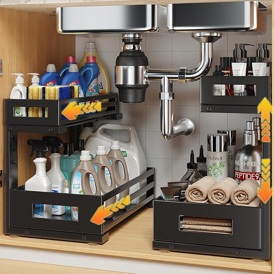 2-Pack Under Sink Organizers and Storage,2-Tier L Shape Pull Out Cabinet Organizer With Round Tube Slide Rails,Hight Adjustable Slide Out Drawers for Kitchen&Bathroom,Multi-Purpose Storage Shelf-Black-NeatNest