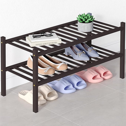 Smiry Bamboo Shoe Rack for Closet, 2 Tier Wooden Stackable Shoe Organizer, Free Standing Shoes Storage Shelf for Entryway, Front Door Entrance, Brown-NeatNest