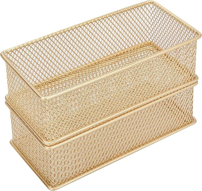 Annova Mesh Stackable Drawer Cabinet and Shelf Organizer Bins Storage Basket School Office Supply Holder Tray- Set of 2 (Gold, 3x6x2 Inch)-NeatNest