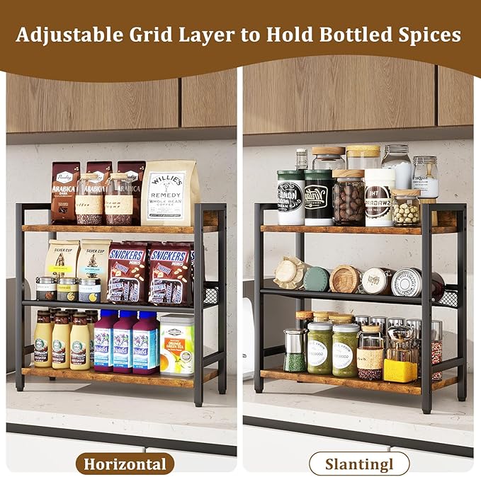 IBUYKE 3-Tier Spice Rack Industrial Counter Shelf Desktop Storage Organizer Standing Seasoning Rack for Countertop Kitchen Office Living Room Desktop Rustic Brown UTLJ021H-NeatNest